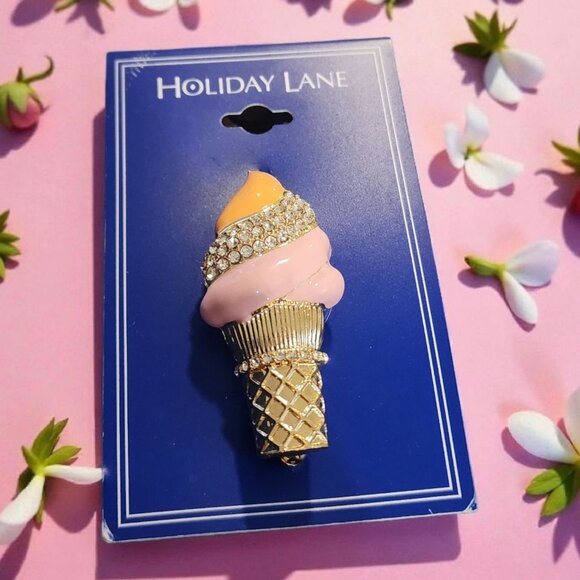 NWT Holiday Lane Ice Cream Cone Crystal Pin - Picture 1 of 3